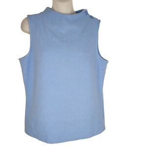 Talbots Womens High Neck Button Shoulder Top Medium Light Blue Ribbed Sleeveless